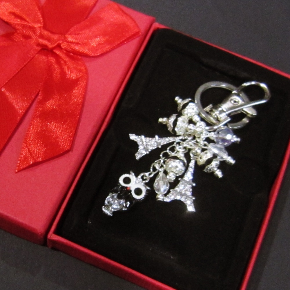 NEW Owl black silver beads Keychain Purse Charm